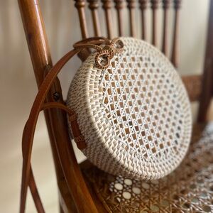 Anthropologie | Rattan Round Ivory-Brown Wicker Purse Crossbody